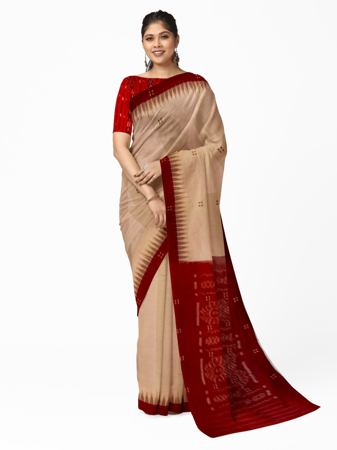 Beige with Maroon Cotton Odisha Ikat saree  with mix match cotton ikat blouse