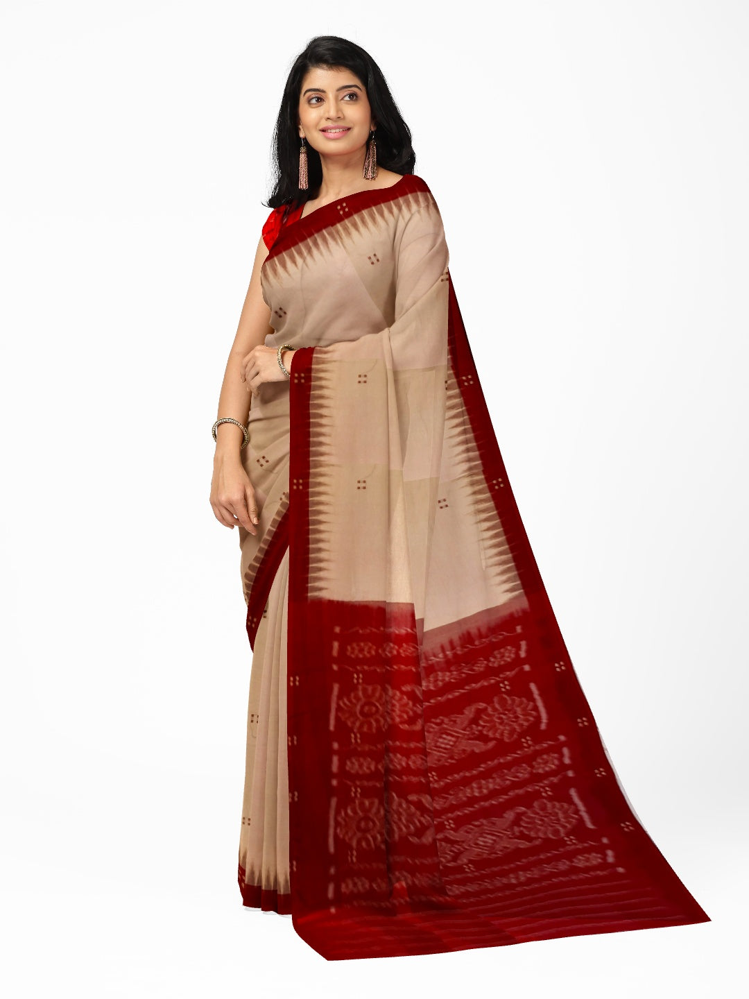 Beige with Maroon Cotton Odisha Ikat saree  with mix match cotton ikat blouse