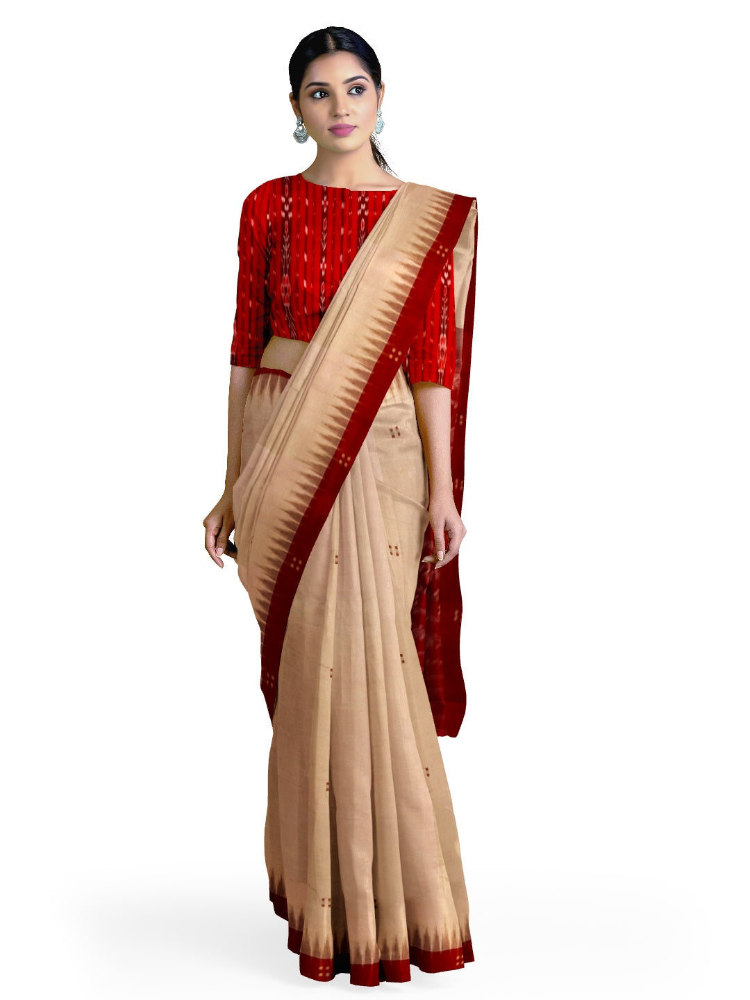 Beige with Maroon Cotton Odisha Ikat saree  with mix match cotton ikat blouse