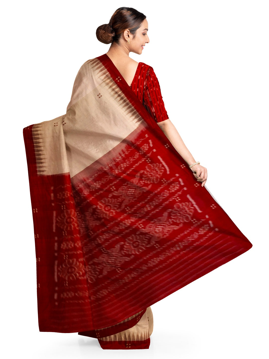 Beige with Maroon Cotton Odisha Ikat saree  with mix match cotton ikat blouse