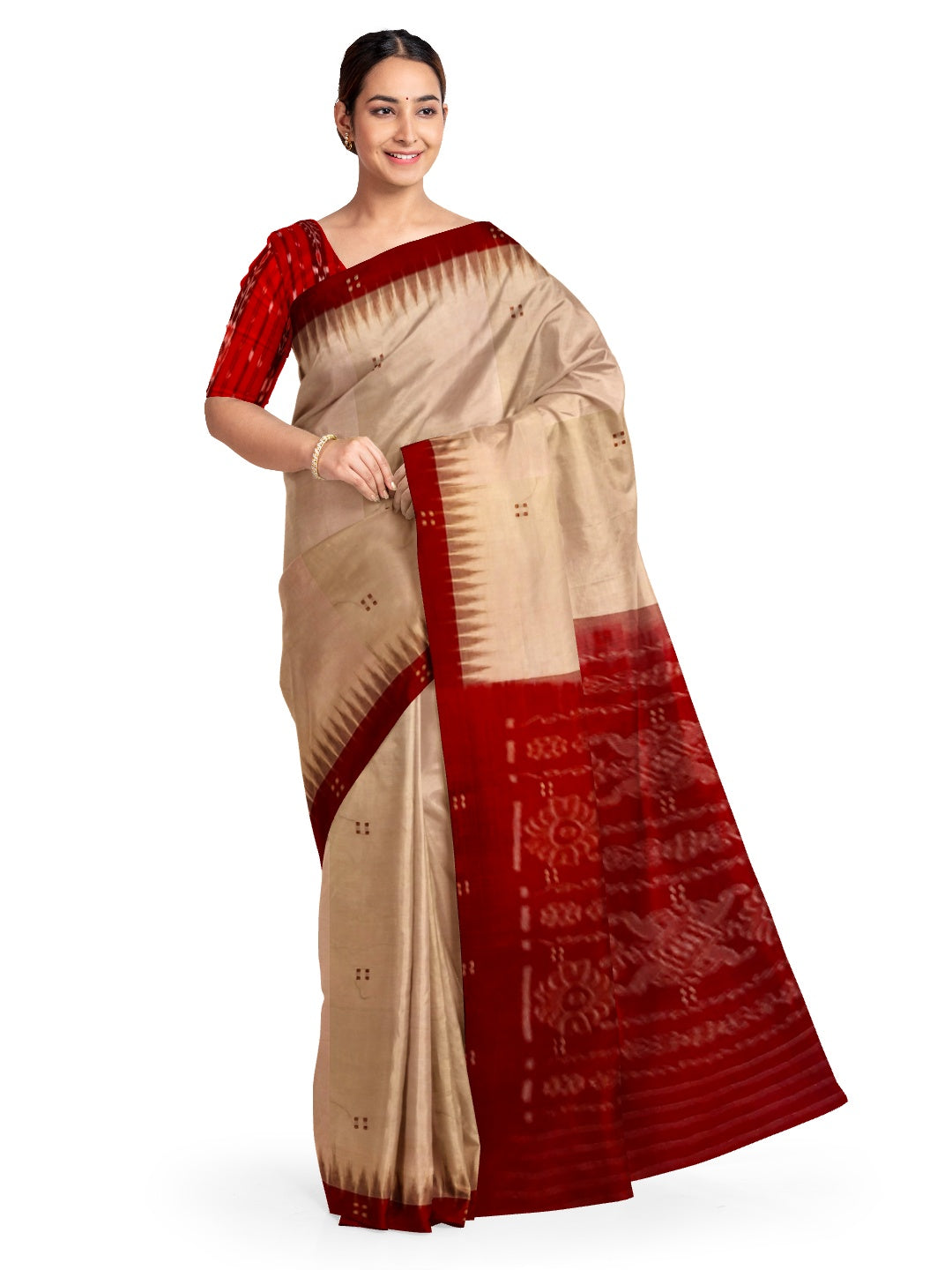 Beige with Maroon Cotton Odisha Ikat saree  with mix match cotton ikat blouse