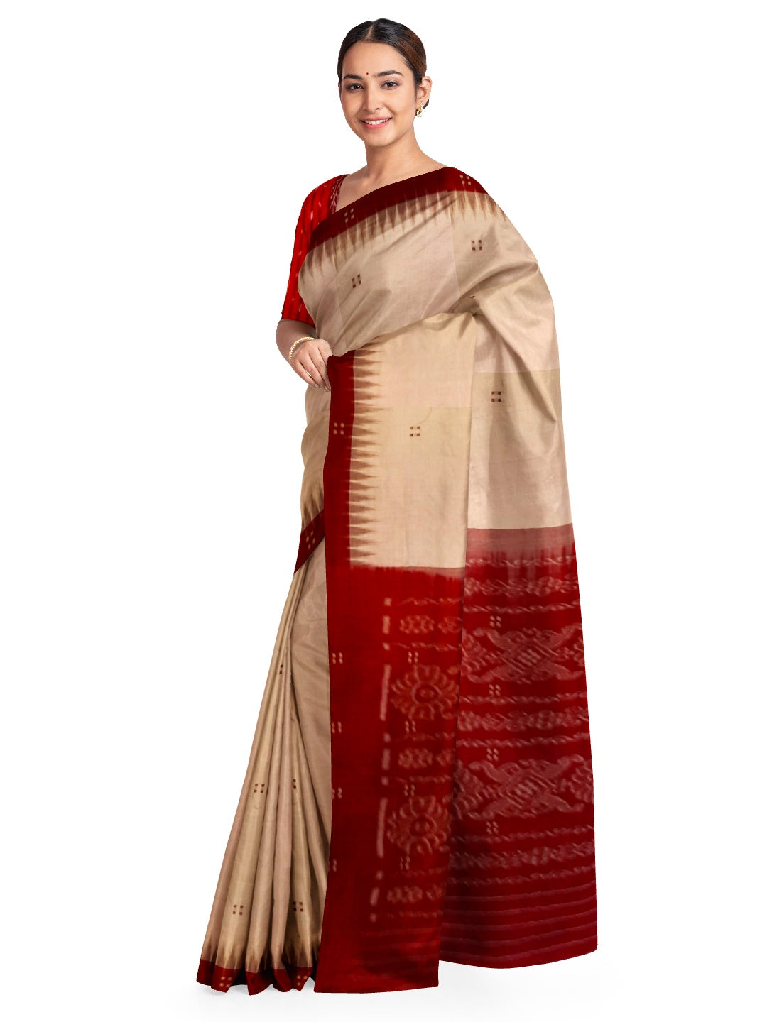 Beige with Maroon Cotton Odisha Ikat saree  with mix match cotton ikat blouse