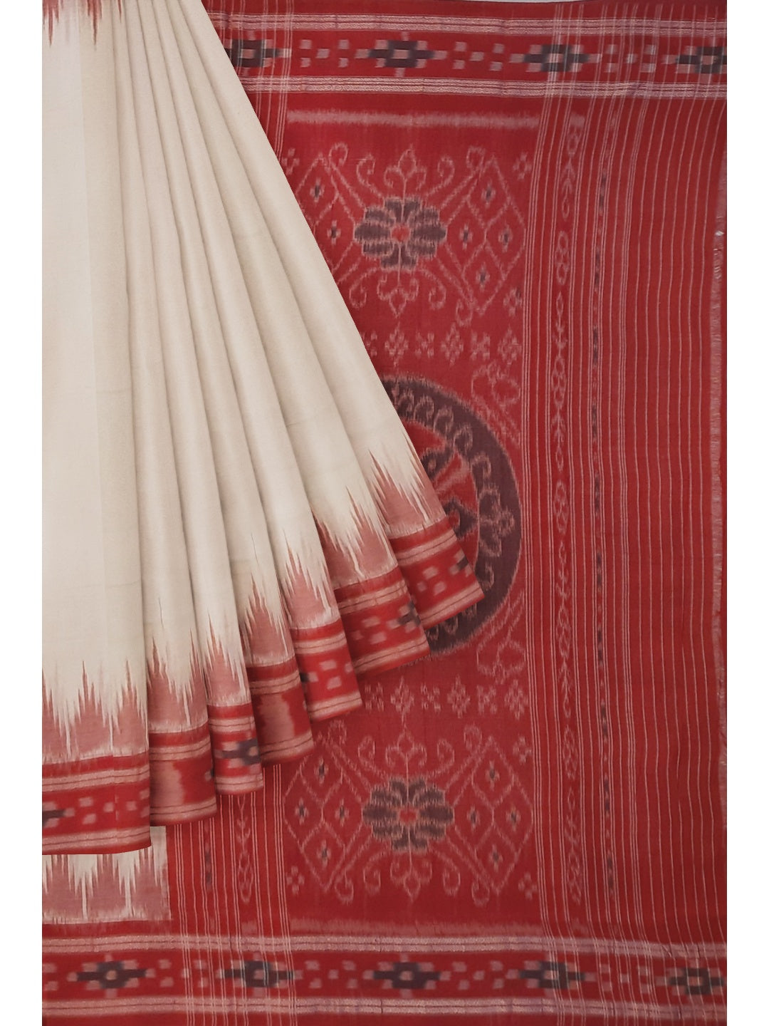 White Red Cotton Odisha Ikat saree with mix match cotton ikat blouse piece