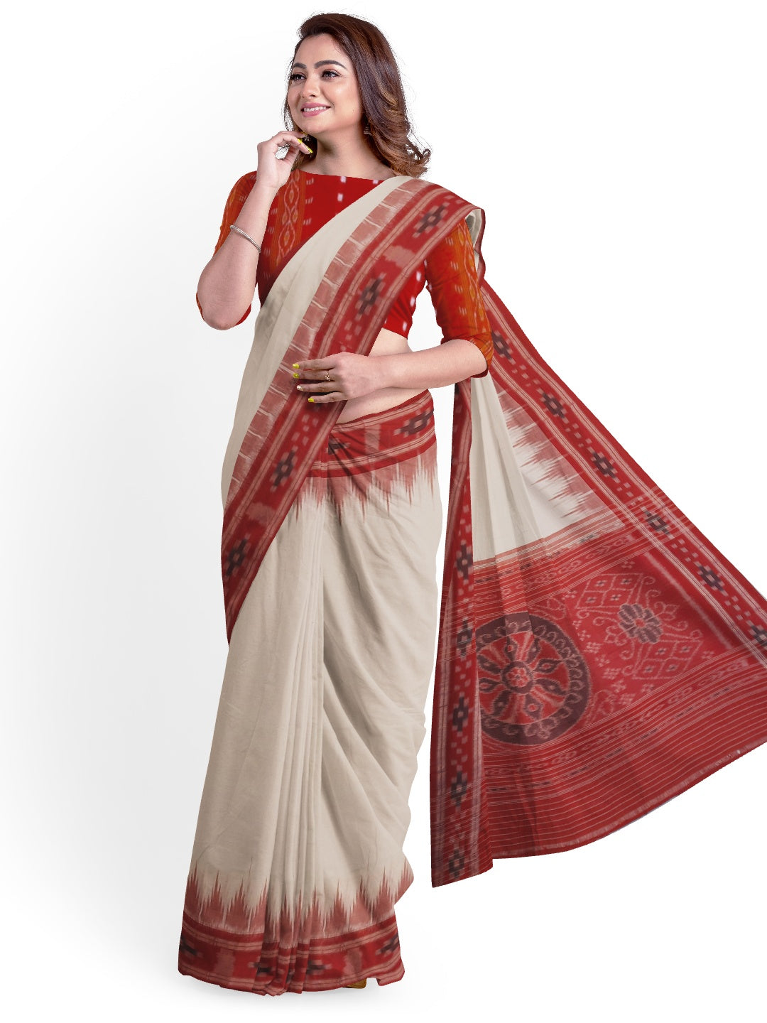 White Red Cotton Odisha Ikat saree with mix match cotton ikat blouse piece