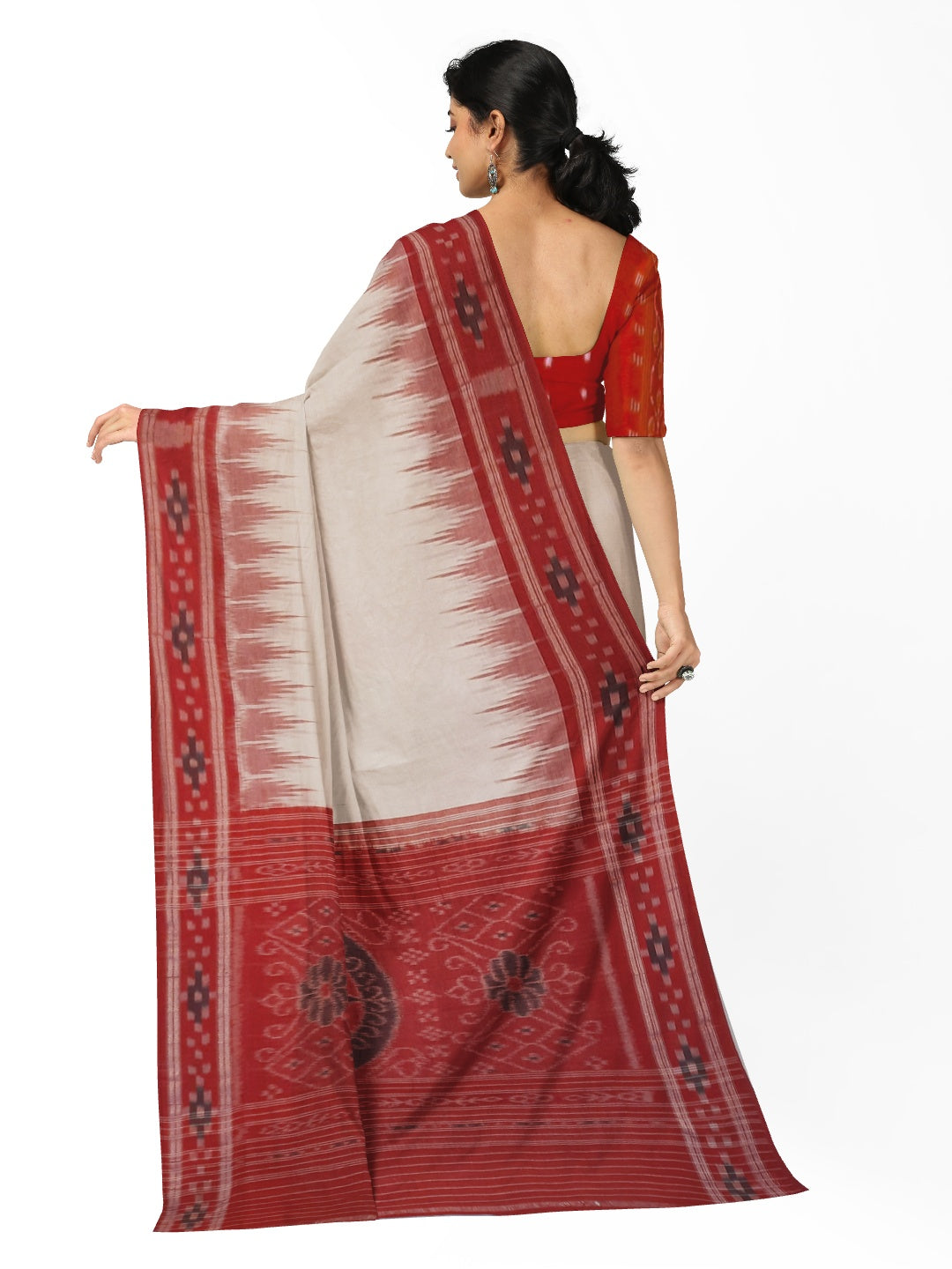 White Red Cotton Odisha Ikat saree with mix match cotton ikat blouse piece