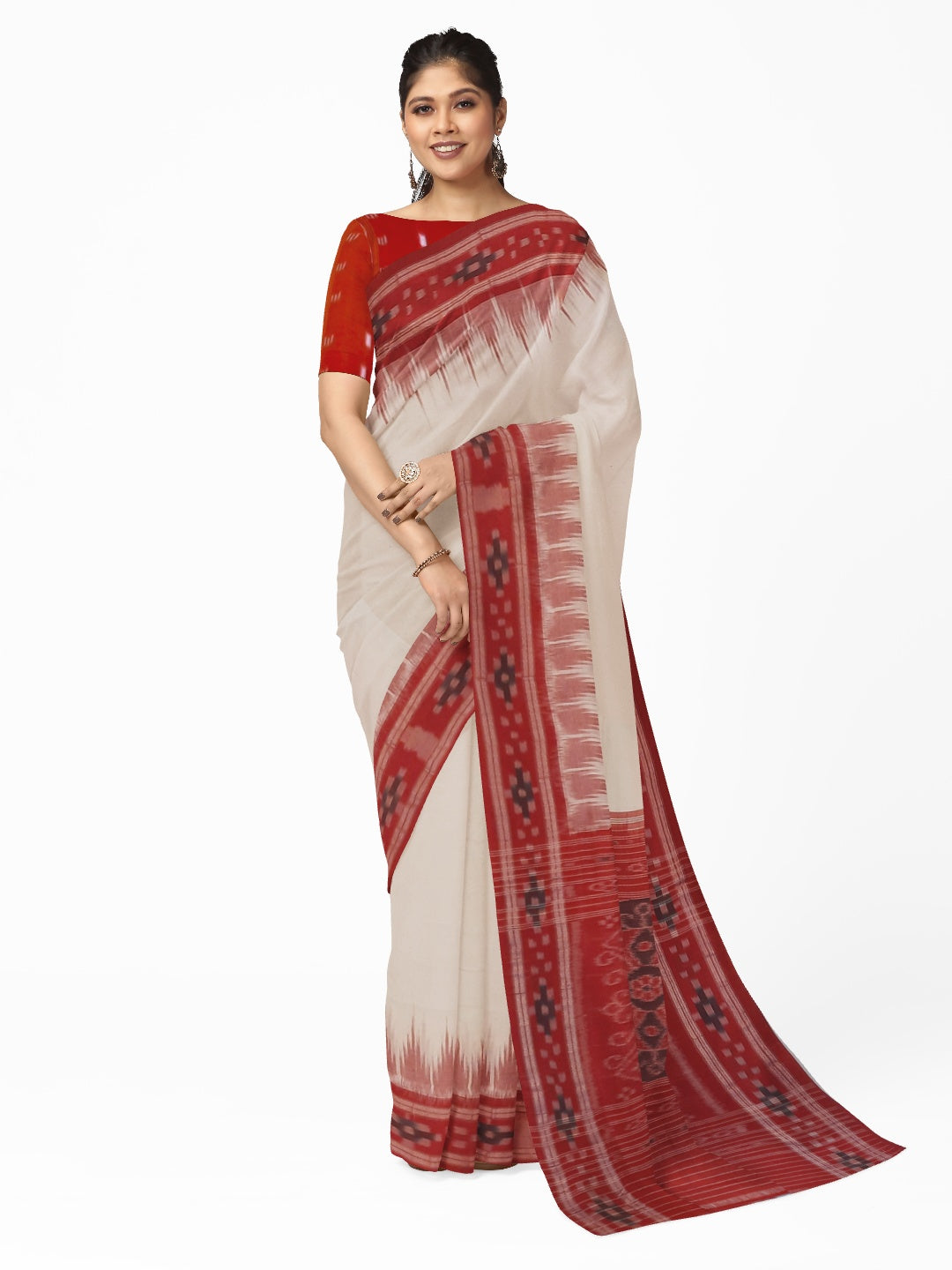 White Red Cotton Odisha Ikat saree with mix match cotton ikat blouse piece
