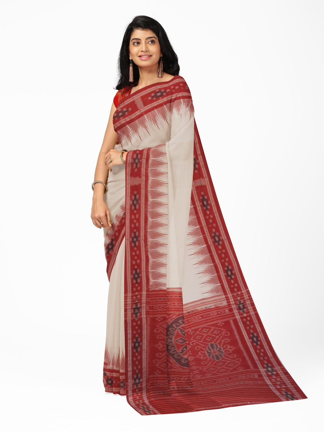 White Red Cotton Odisha Ikat saree with mix match cotton ikat blouse piece