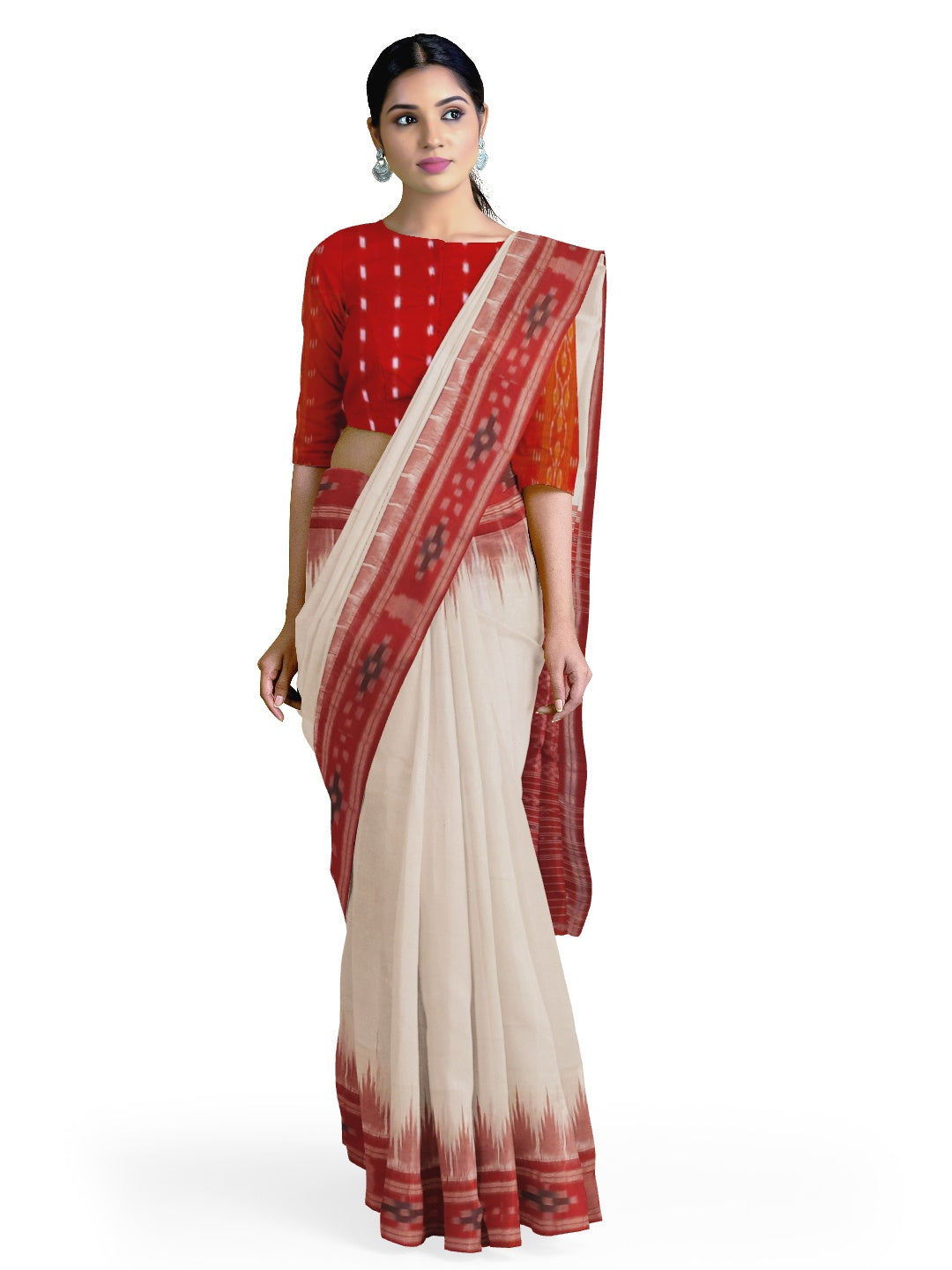 White Red Cotton Odisha Ikat saree with mix match cotton ikat blouse piece