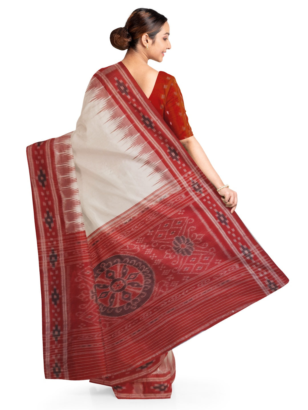 White Red Cotton Odisha Ikat saree with mix match cotton ikat blouse piece