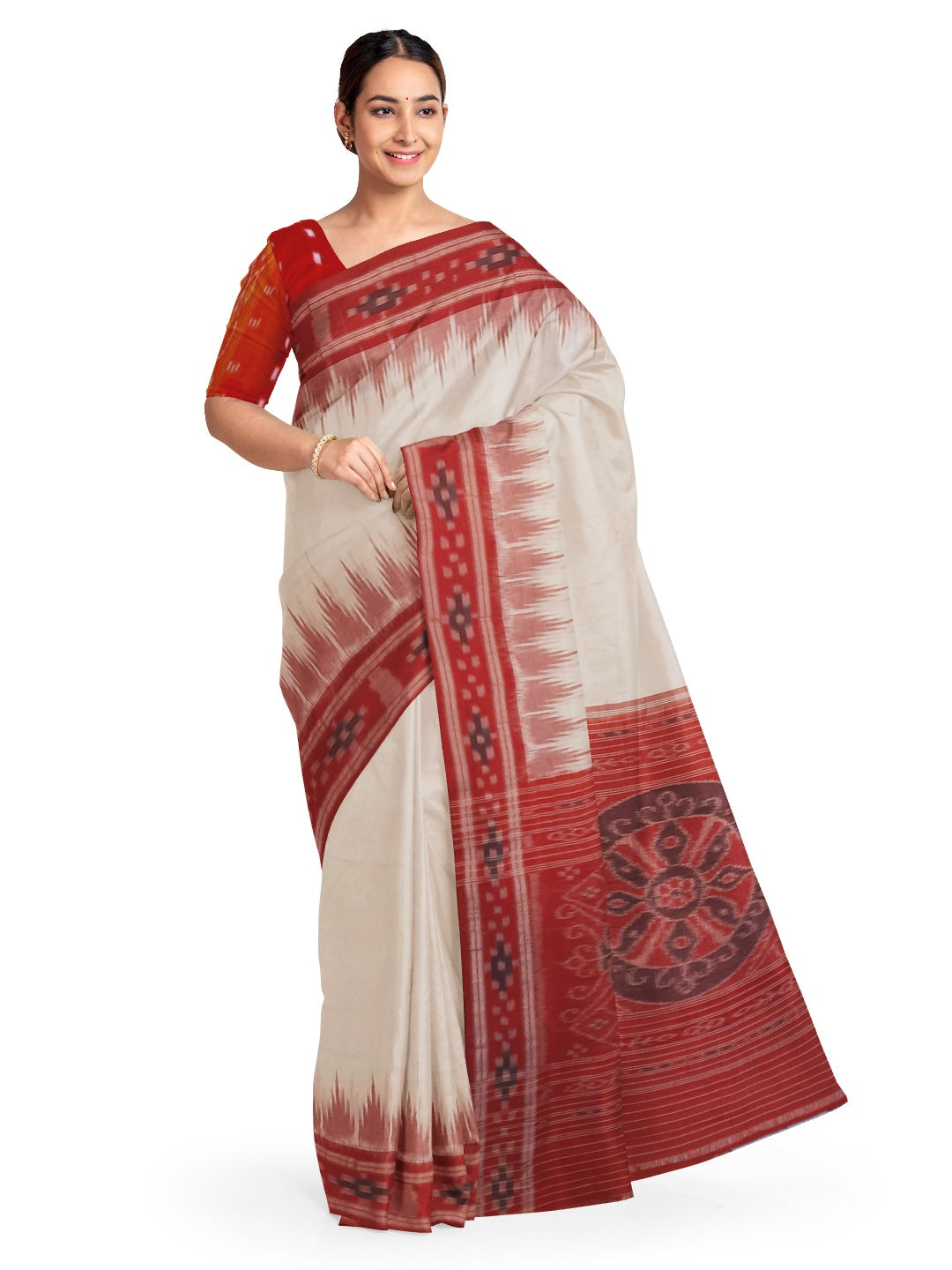 White Red Cotton Odisha Ikat saree with mix match cotton ikat blouse piece