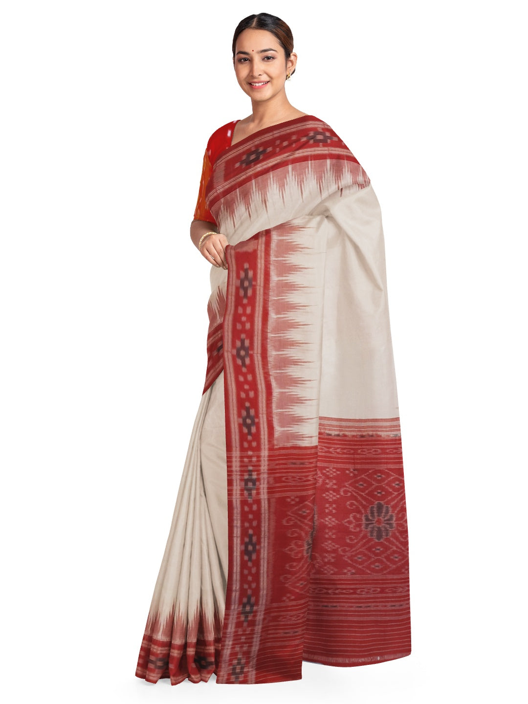 White Red Cotton Odisha Ikat saree with mix match cotton ikat blouse piece
