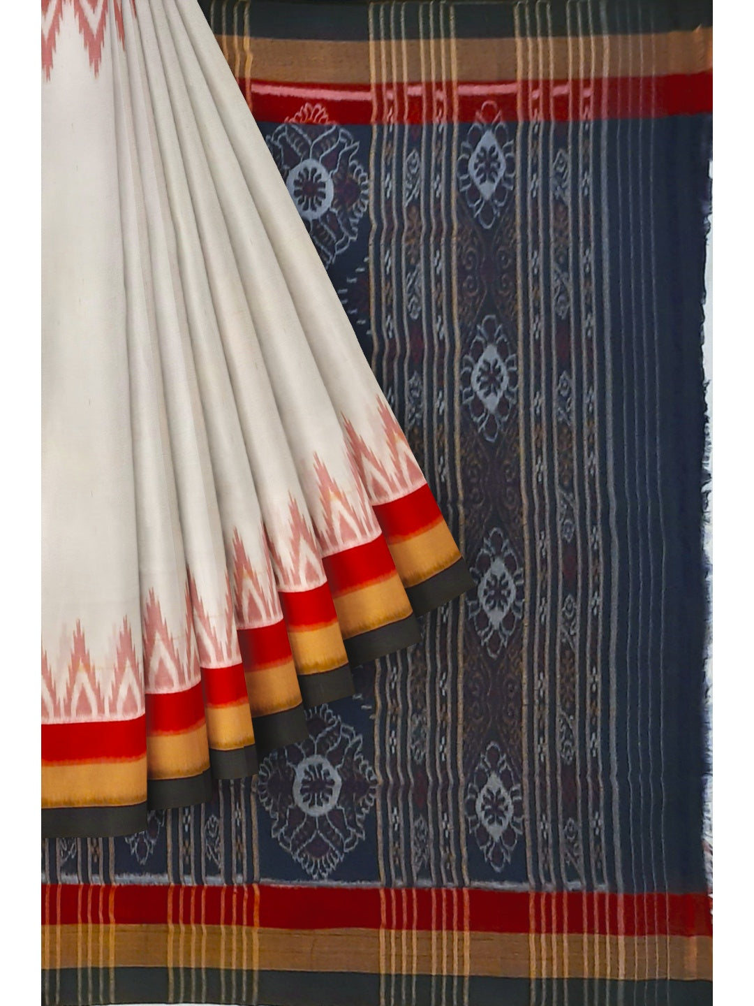 White multi coloured border Odisha Ikat saree with running blouse piece
