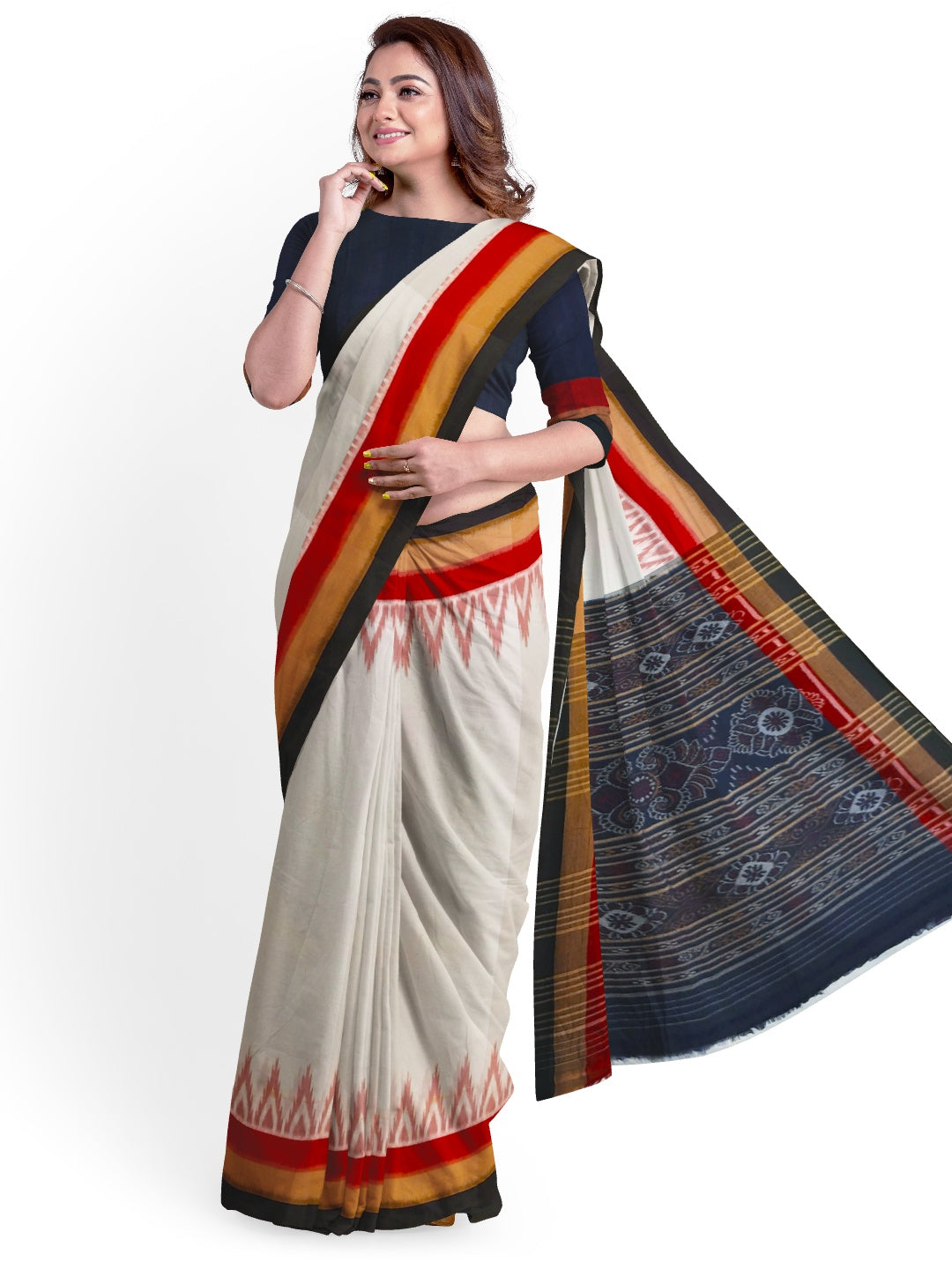 White multi coloured border Odisha Ikat saree with running blouse piece