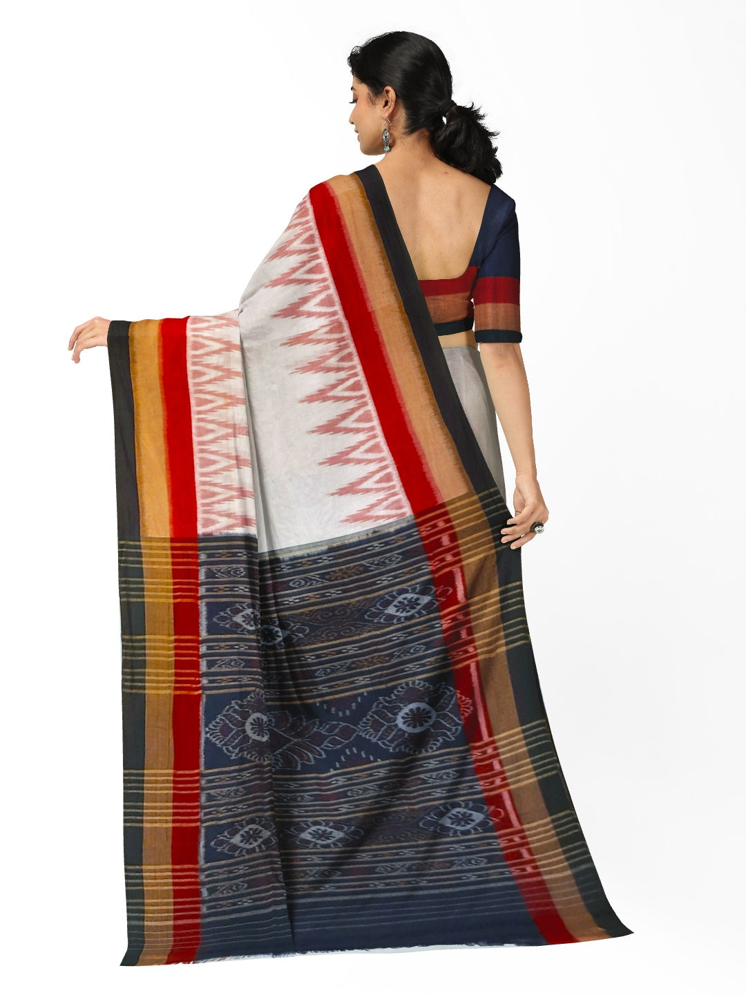 White multi coloured border Odisha Ikat saree with running blouse piece