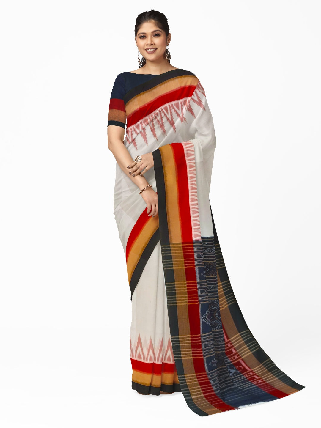 White multi coloured border Odisha Ikat saree with running blouse piece