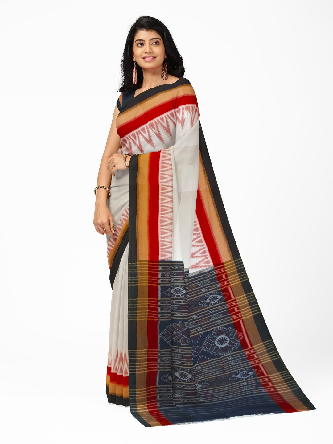 White multi coloured border Odisha Ikat saree with running blouse piece