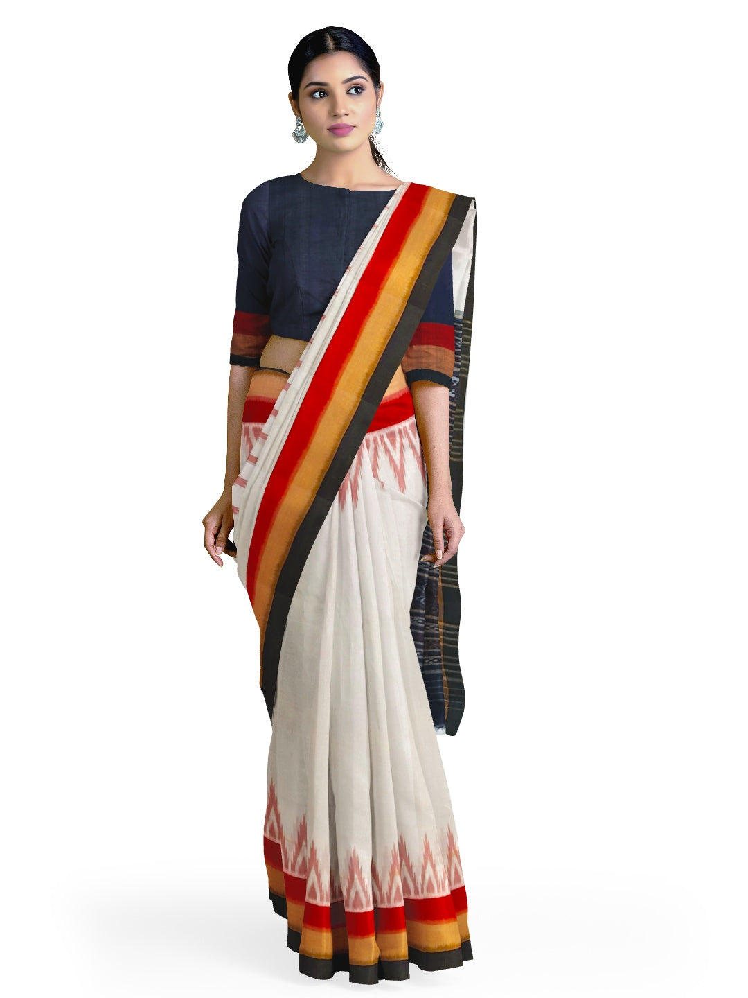 White multi coloured border Odisha Ikat saree with running blouse piece