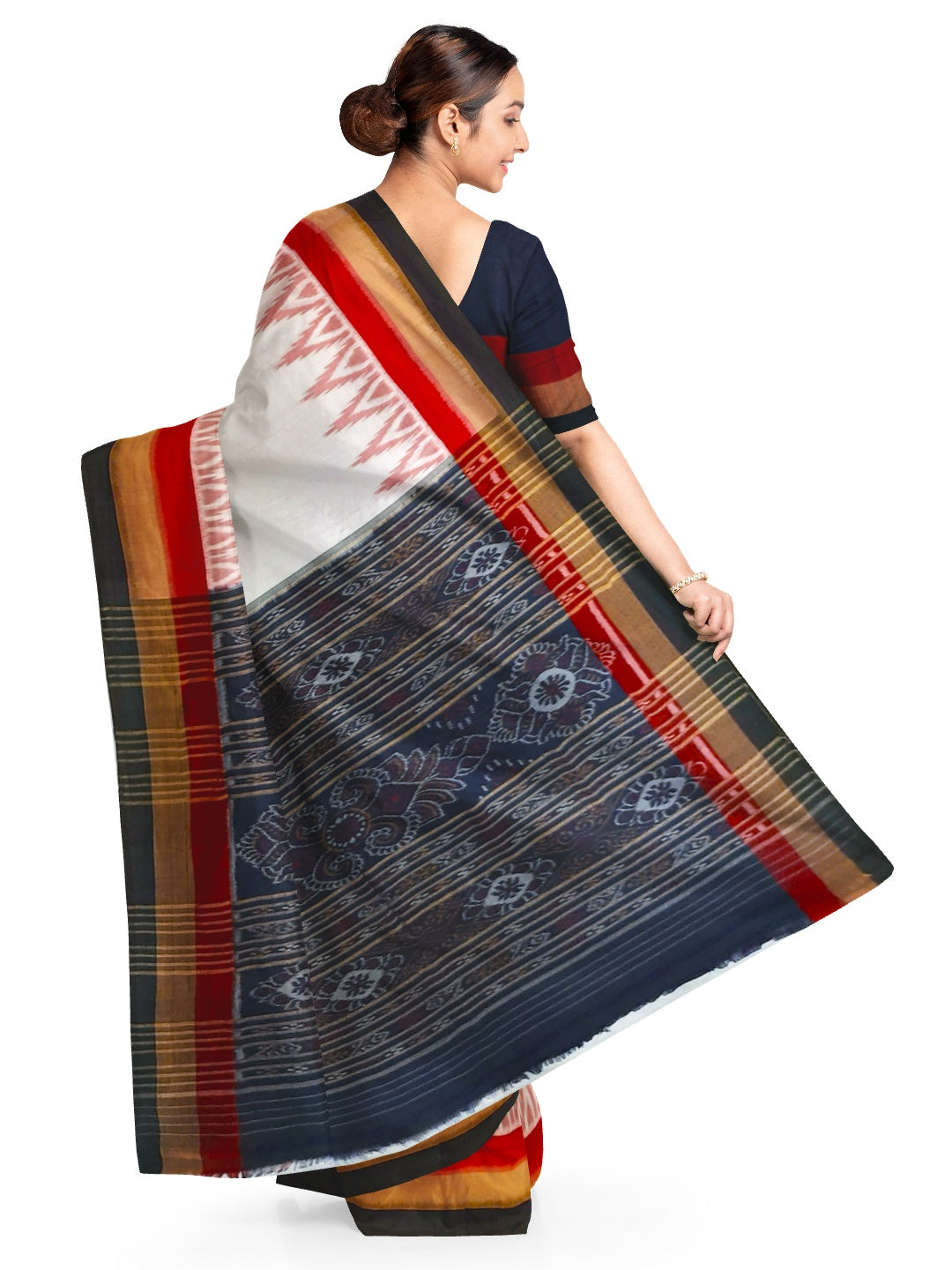 White multi coloured border Odisha Ikat saree with running blouse piece