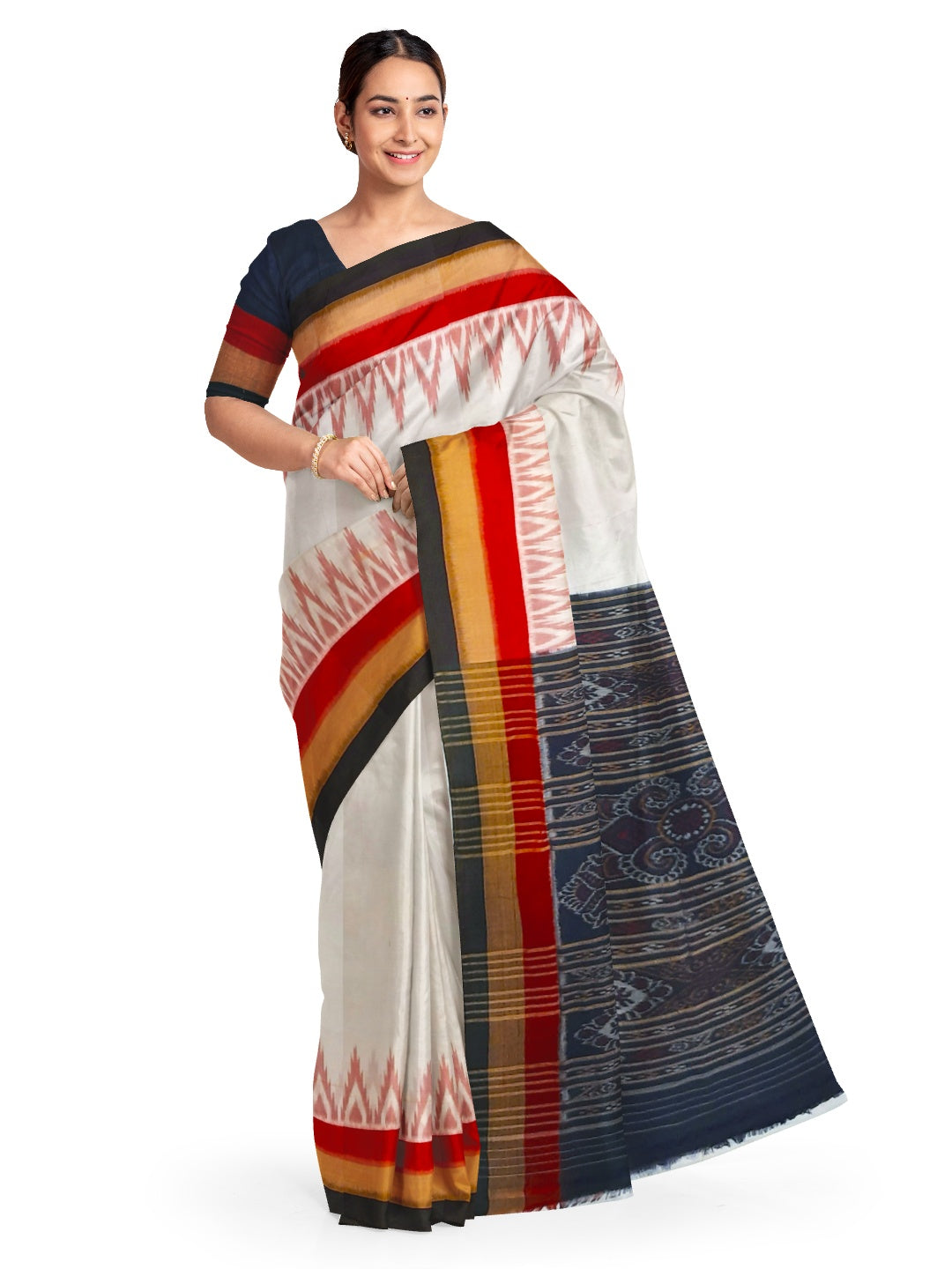 White multi coloured border Odisha Ikat saree with running blouse piece