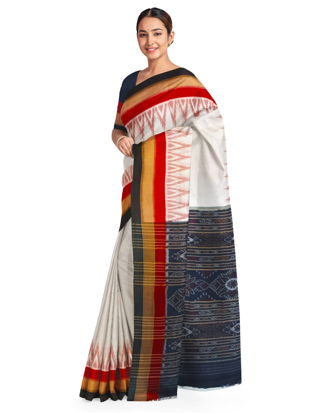 White multi coloured border Odisha Ikat saree with running blouse piece