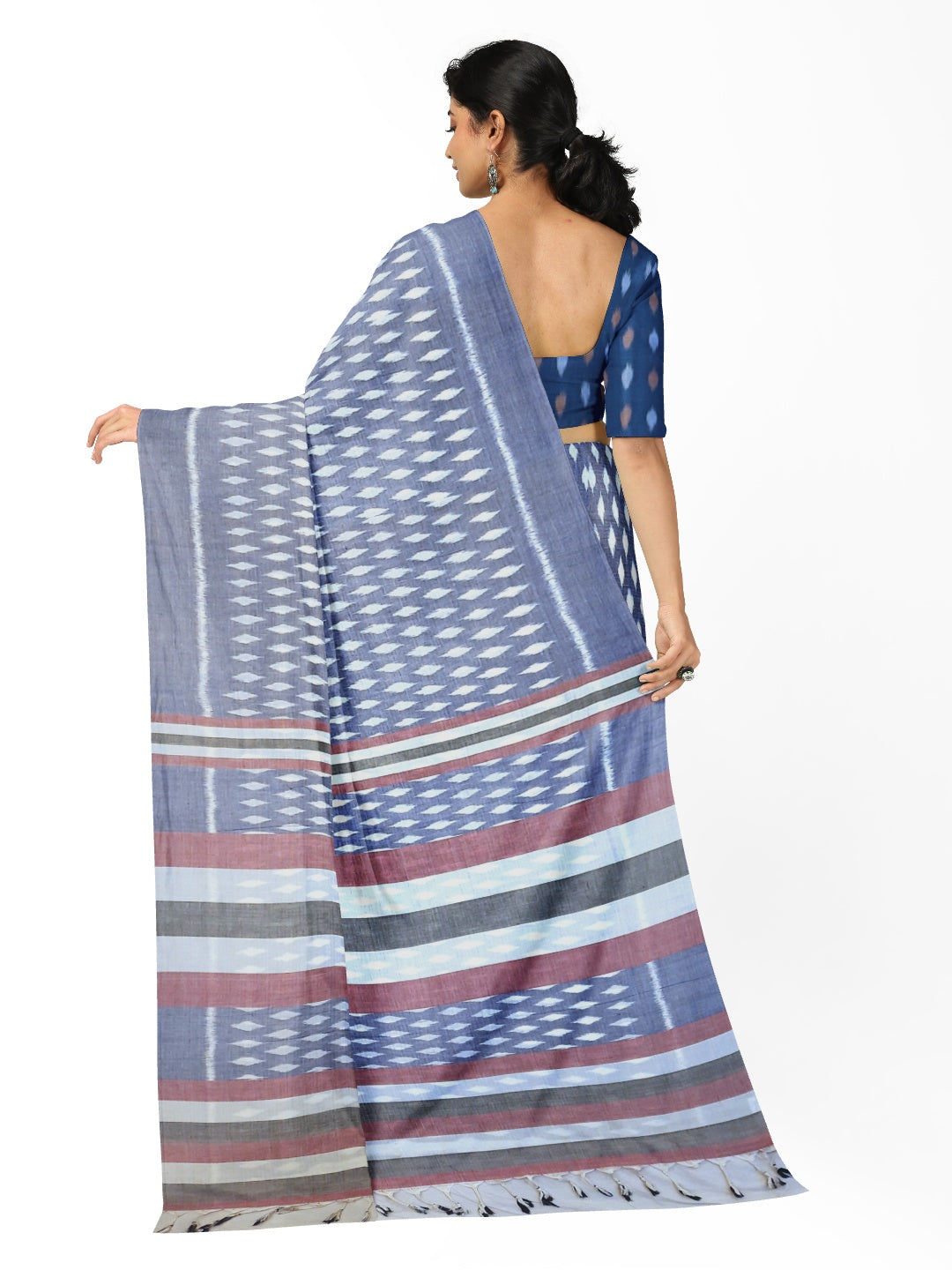 Blue Cotton Odisha Ikat saree with mix match cotton ikat blouse piece