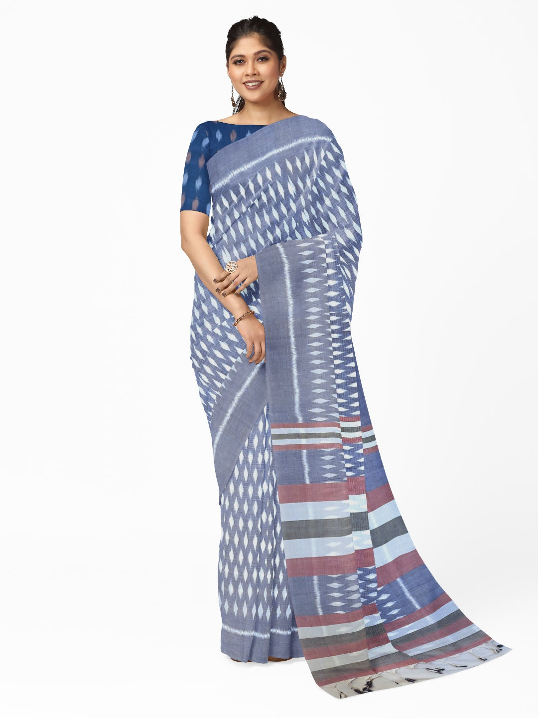 Blue Cotton Odisha Ikat saree with mix match cotton ikat blouse piece