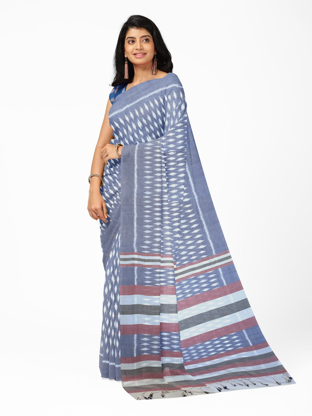 Blue Cotton Odisha Ikat saree with mix match cotton ikat blouse piece