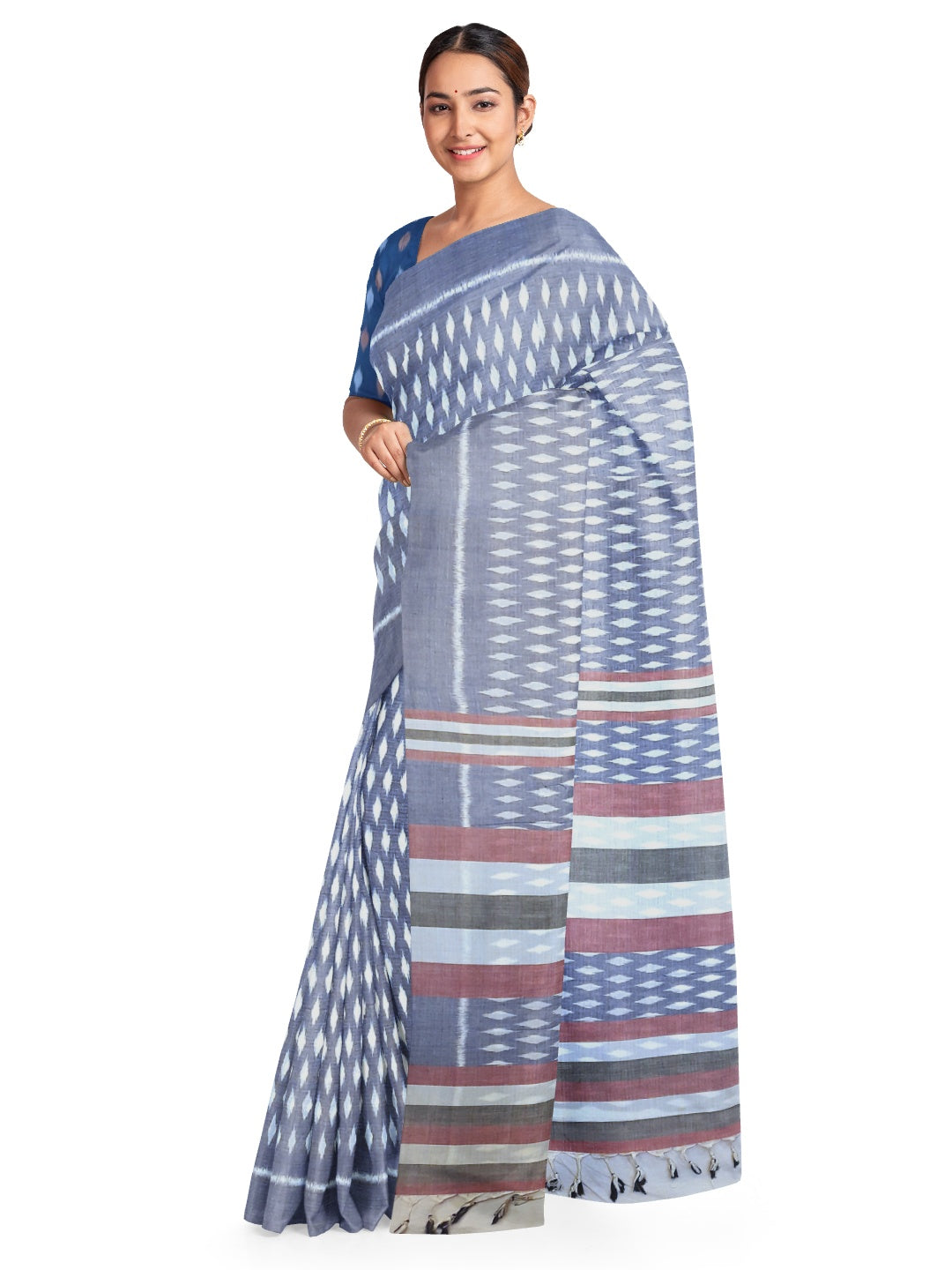 Blue Cotton Odisha Ikat saree with mix match cotton ikat blouse piece