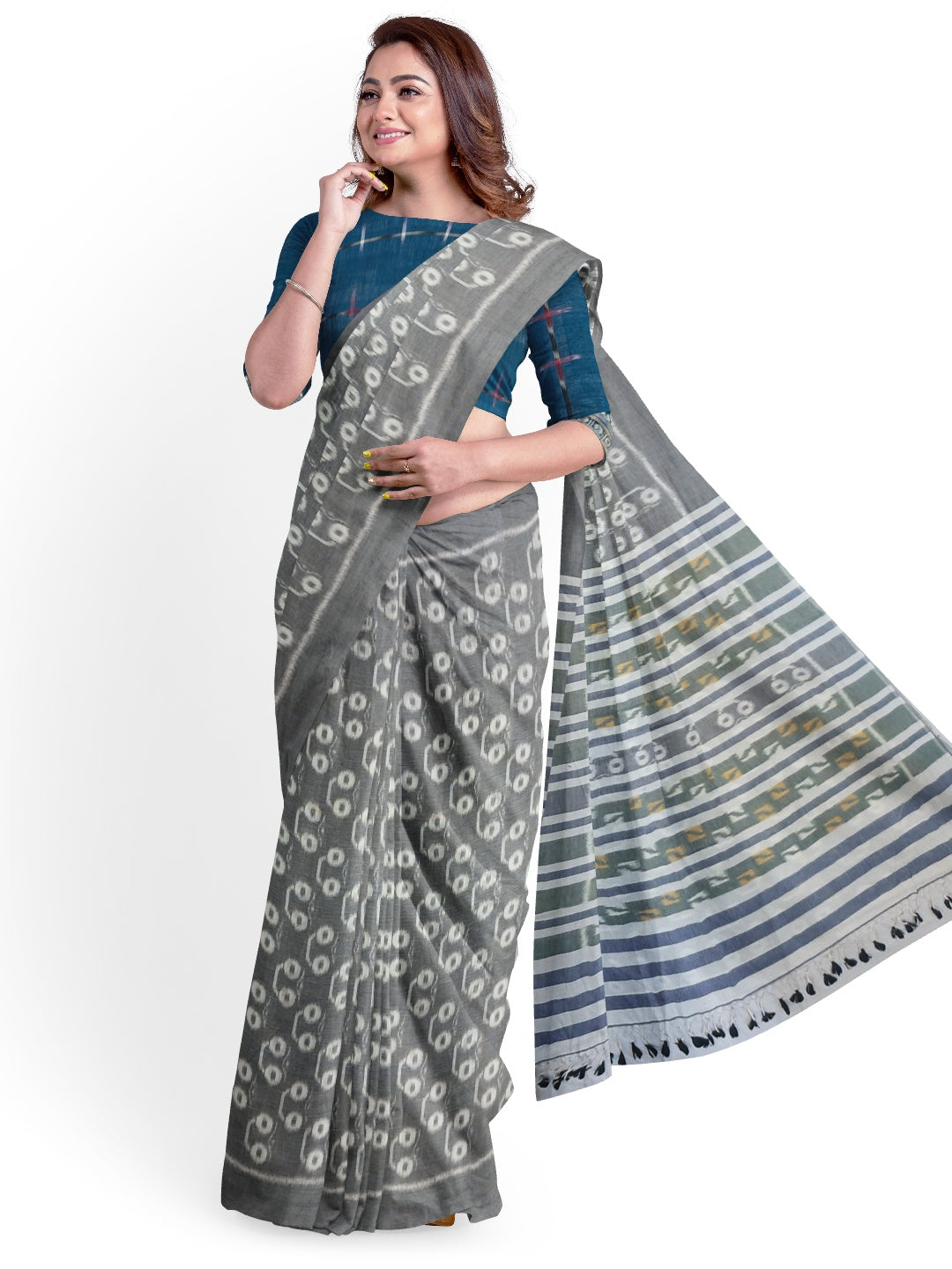 Grey Cotton Odisha Ikat saree with mix match cotton ikat blouse piece