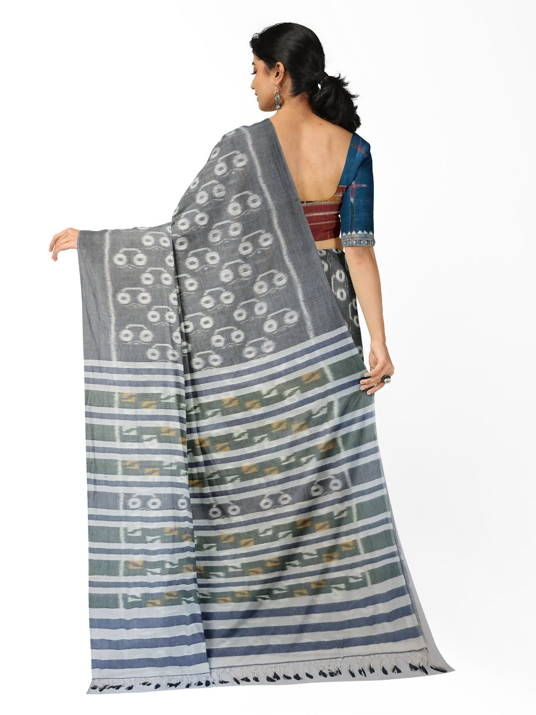 Grey Cotton Odisha Ikat saree with mix match cotton ikat blouse piece