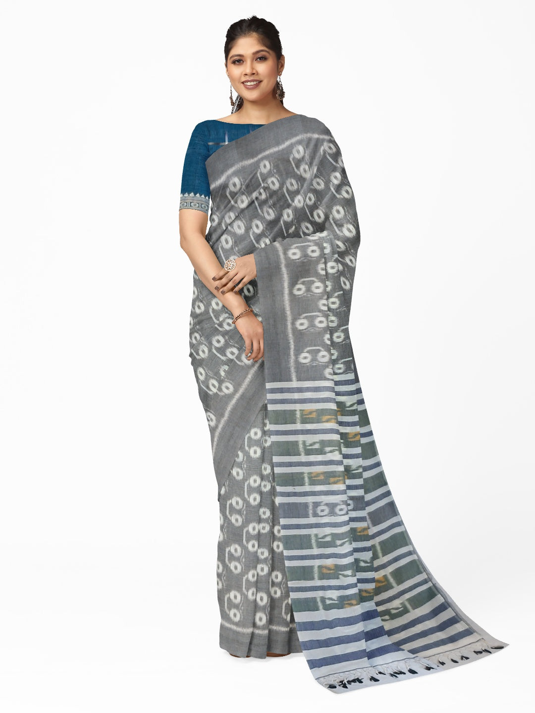 Grey Cotton Odisha Ikat saree with mix match cotton ikat blouse piece