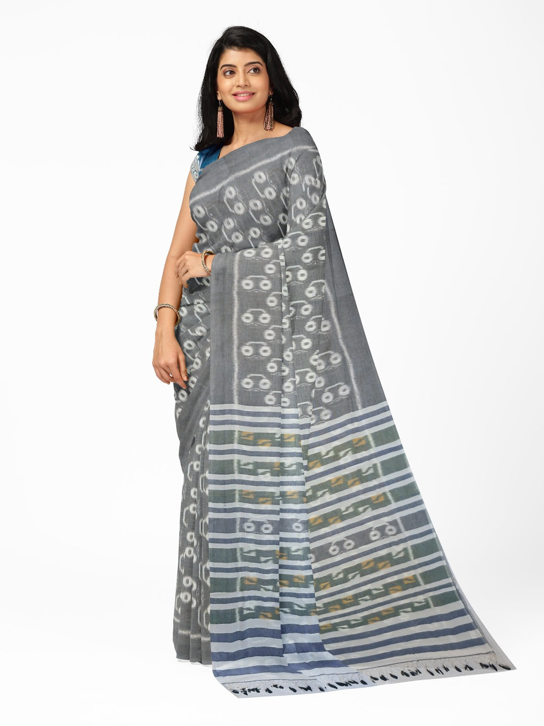 Grey Cotton Odisha Ikat saree with mix match cotton ikat blouse piece
