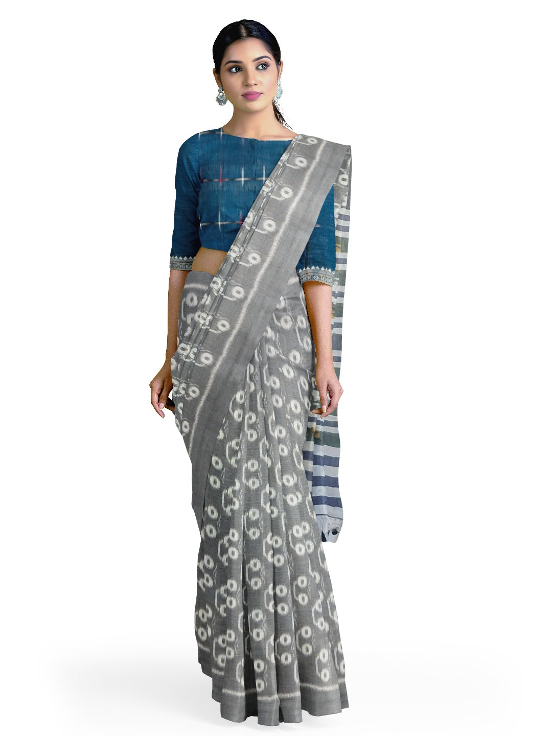 Grey Cotton Odisha Ikat saree with mix match cotton ikat blouse piece