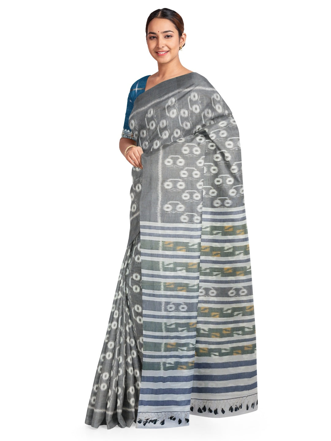 Grey Cotton Odisha Ikat saree with mix match cotton ikat blouse piece