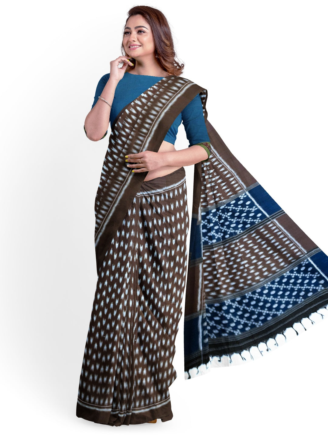 Brown Cotton Odisha Ikat saree with mix match cotton ikat blouse piece