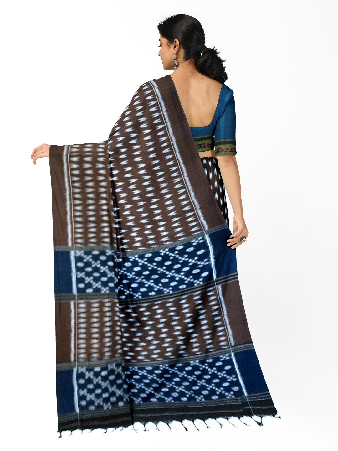Brown Cotton Odisha Ikat saree with mix match cotton ikat blouse piece
