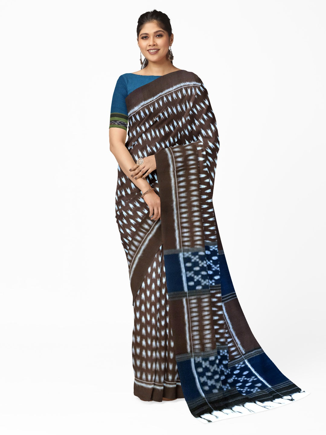 Brown Cotton Odisha Ikat saree with mix match cotton ikat blouse piece