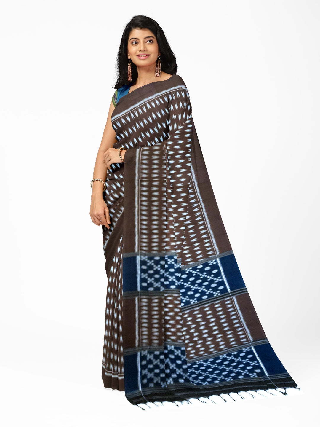 Brown Cotton Odisha Ikat saree with mix match cotton ikat blouse piece