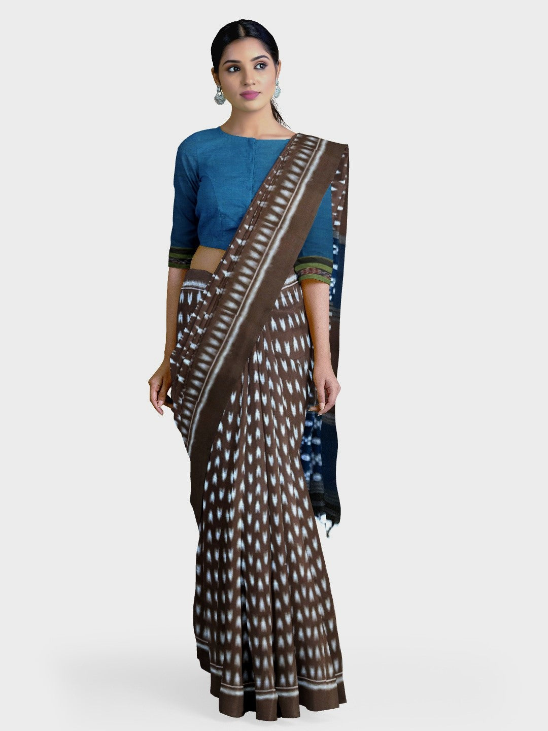 Brown Cotton Odisha Ikat saree with mix match cotton ikat blouse piece