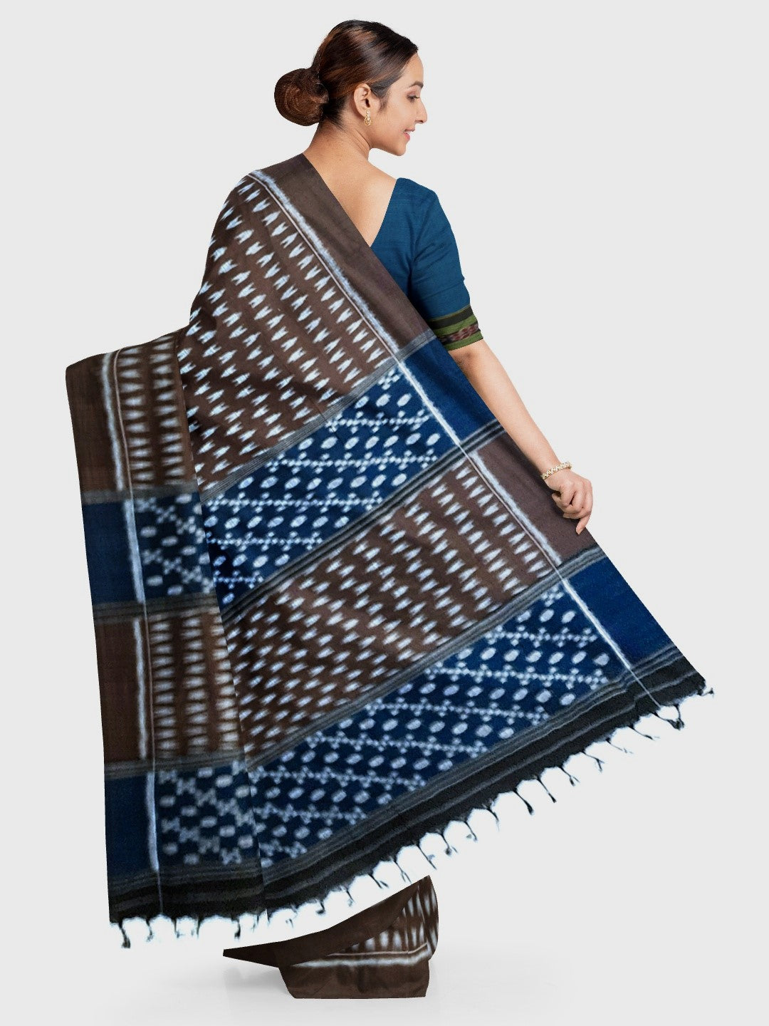 Brown Cotton Odisha Ikat saree with mix match cotton ikat blouse piece