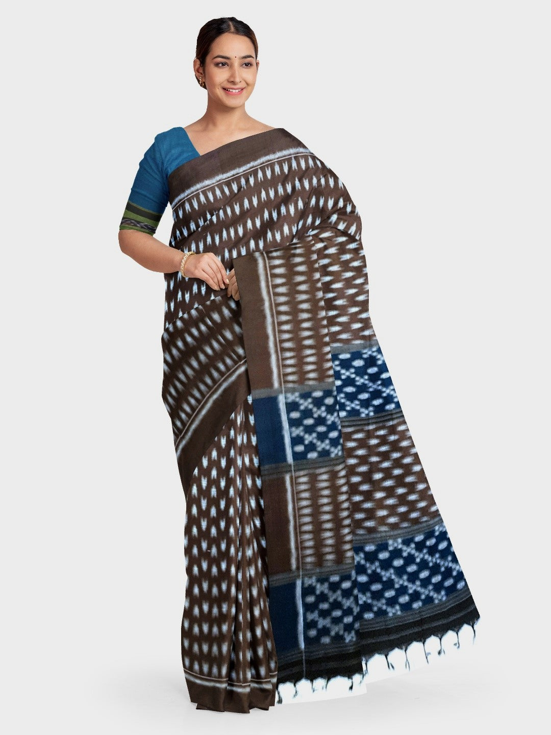 Brown Cotton Odisha Ikat saree with mix match cotton ikat blouse piece
