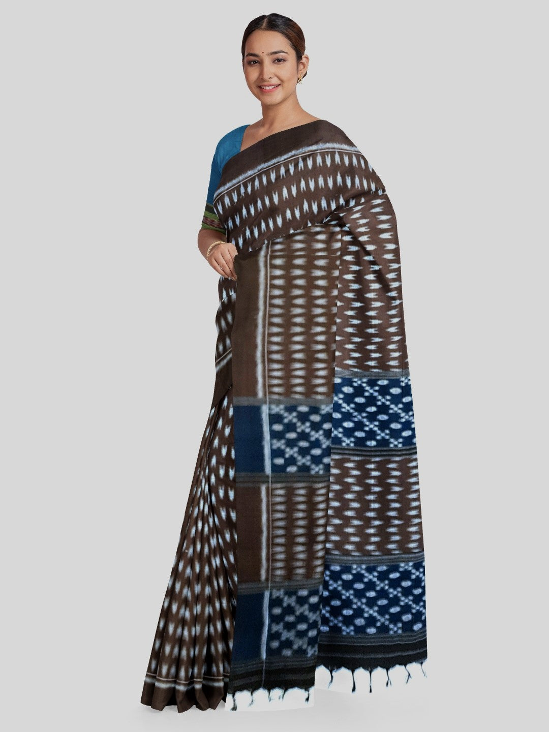 Brown Cotton Odisha Ikat saree with mix match cotton ikat blouse piece