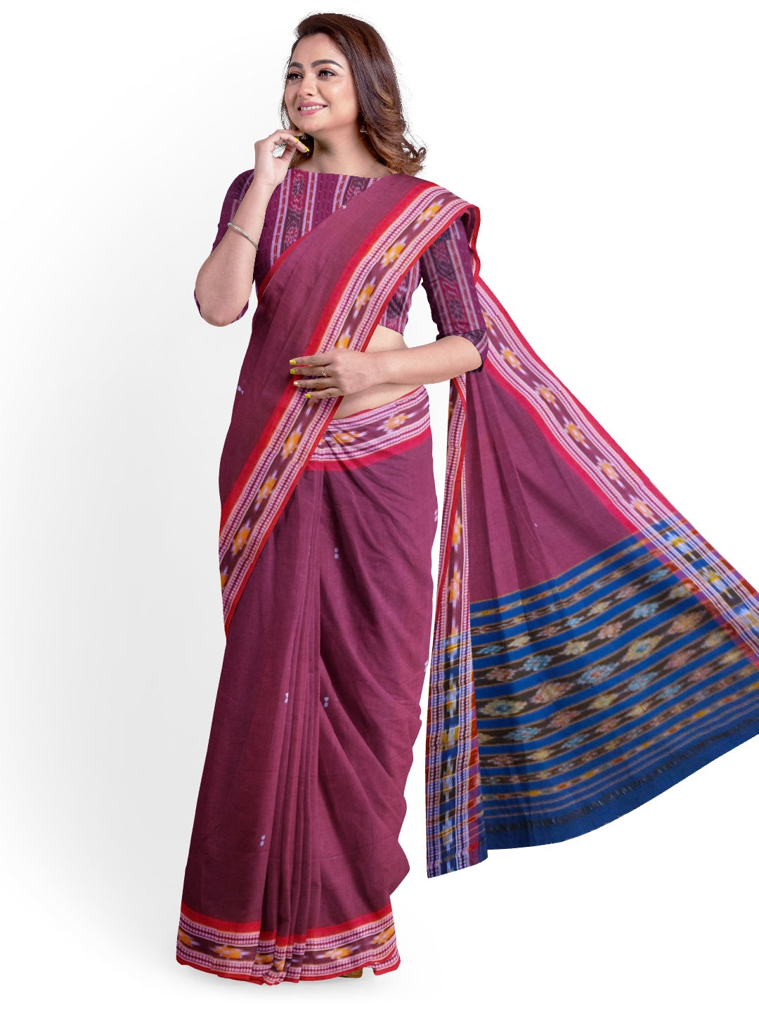 Maroon Cotton Odisha Ikat saree  with mix match cotton ikat blouse