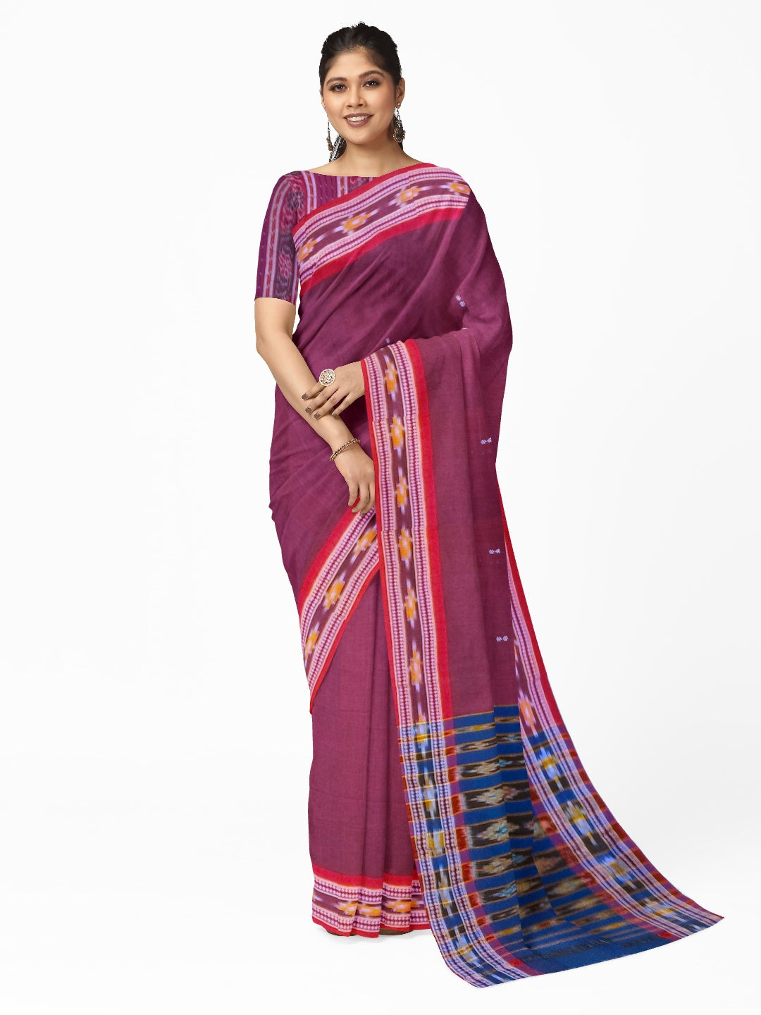 Maroon Cotton Odisha Ikat saree  with mix match cotton ikat blouse