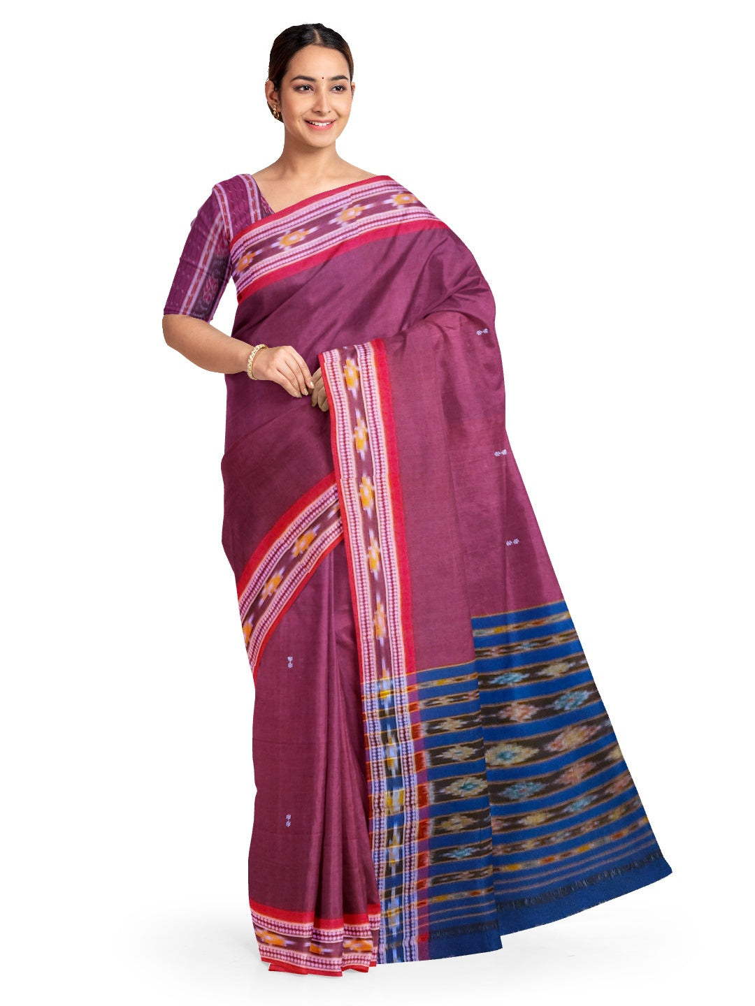 Maroon Cotton Odisha Ikat saree  with mix match cotton ikat blouse