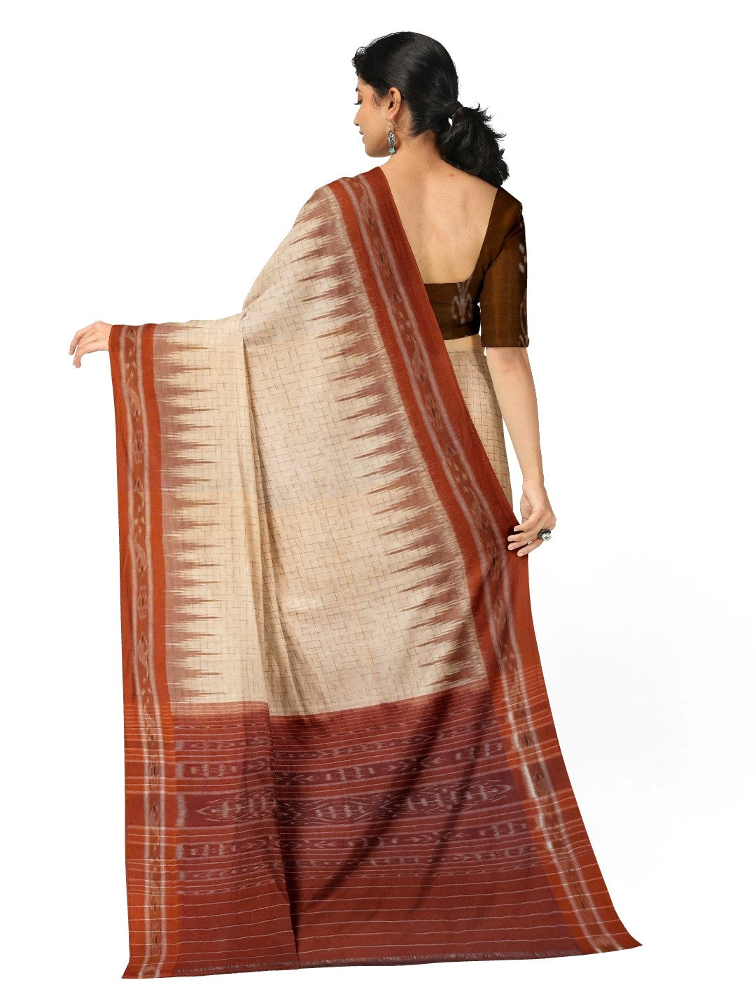 Beige Cotton Odisha Ikat saree with mix match cotton ikat blouse piece