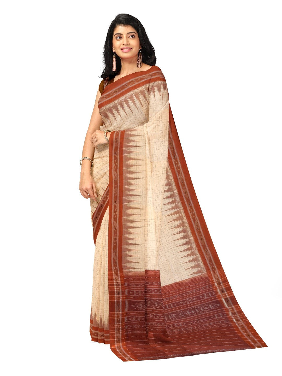 Beige Cotton Odisha Ikat saree with mix match cotton ikat blouse piece