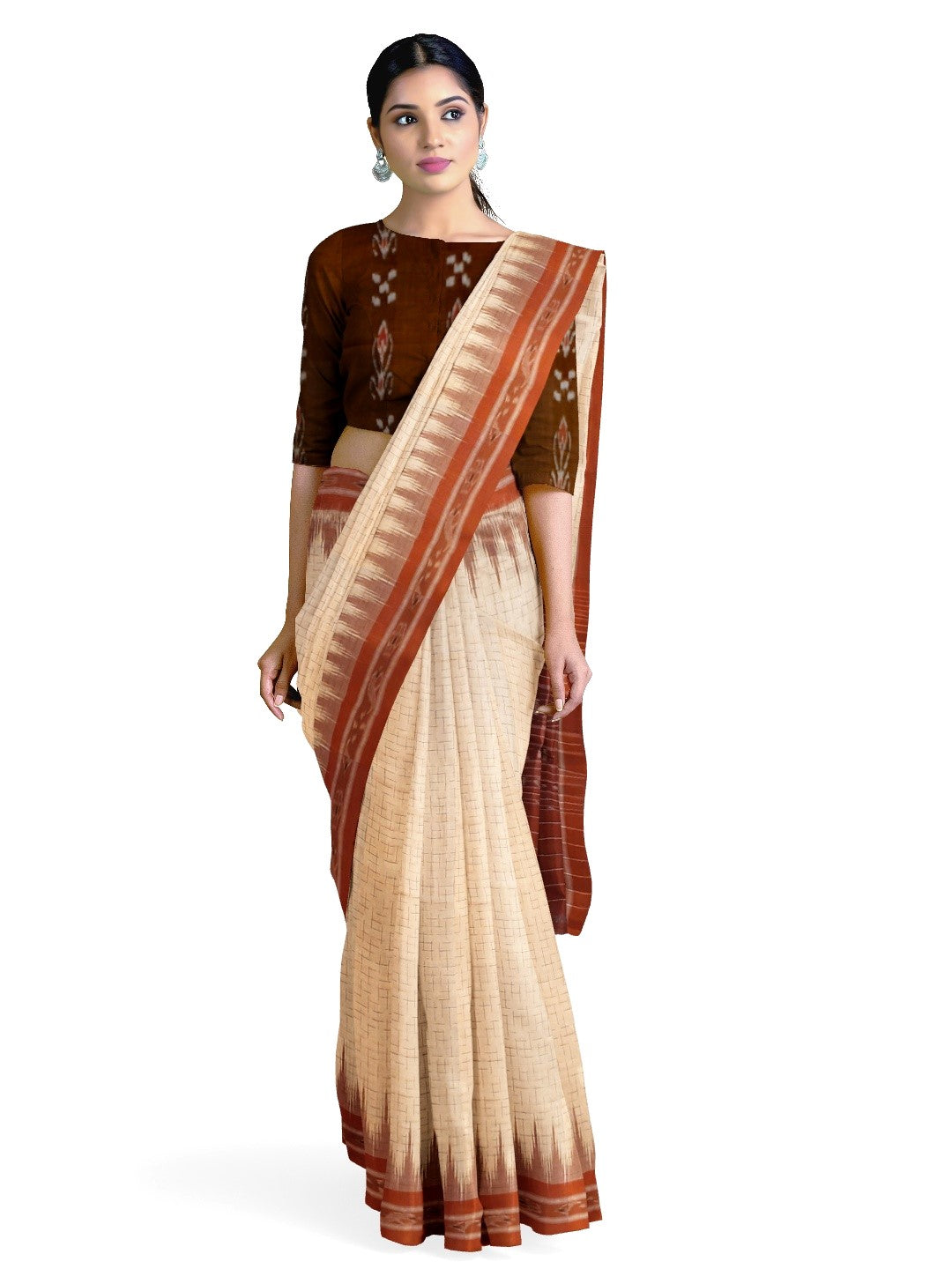 Beige Cotton Odisha Ikat saree with mix match cotton ikat blouse piece