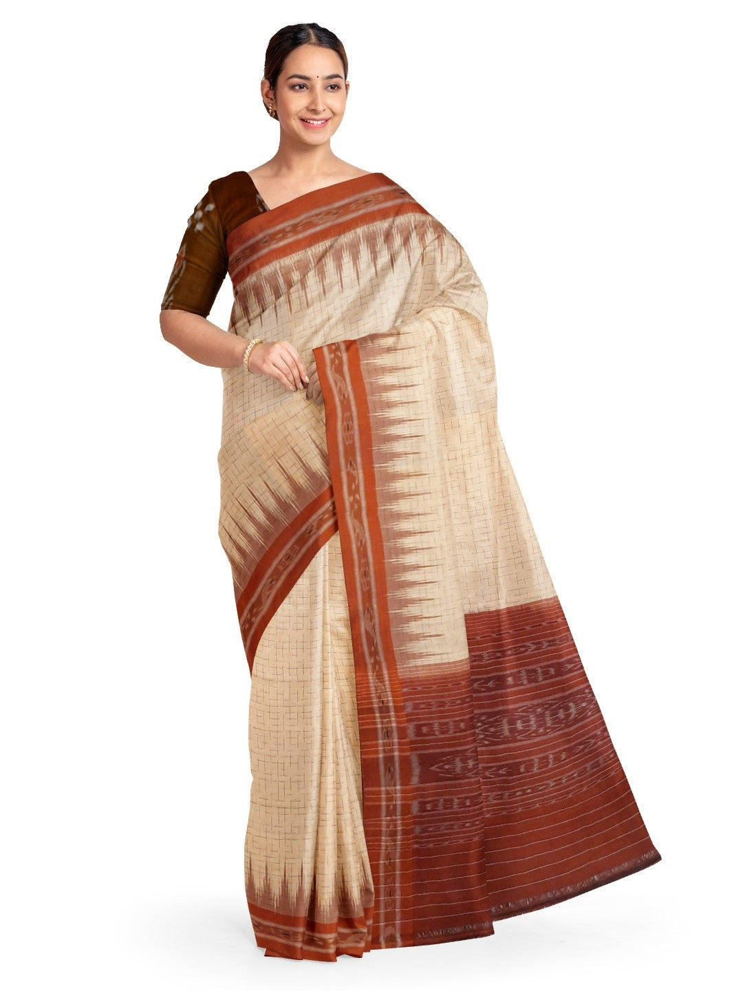 Beige Cotton Odisha Ikat saree with mix match cotton ikat blouse piece