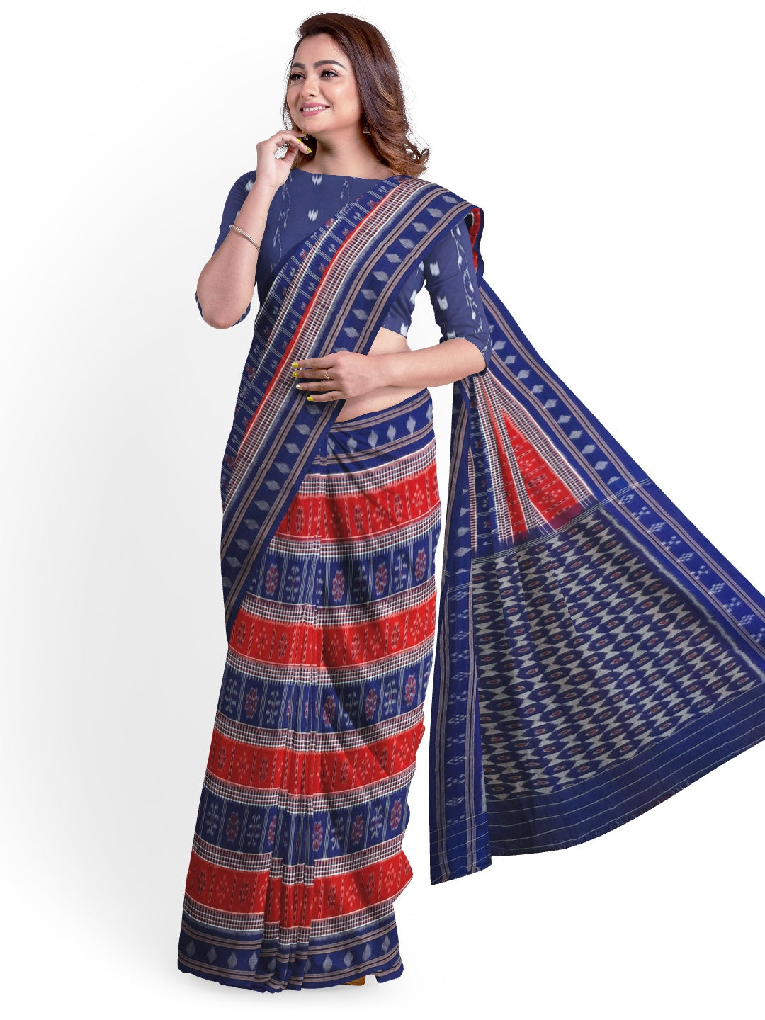 Blue Cotton Odisha Ikat saree with mix match cotton ikat blouse piece